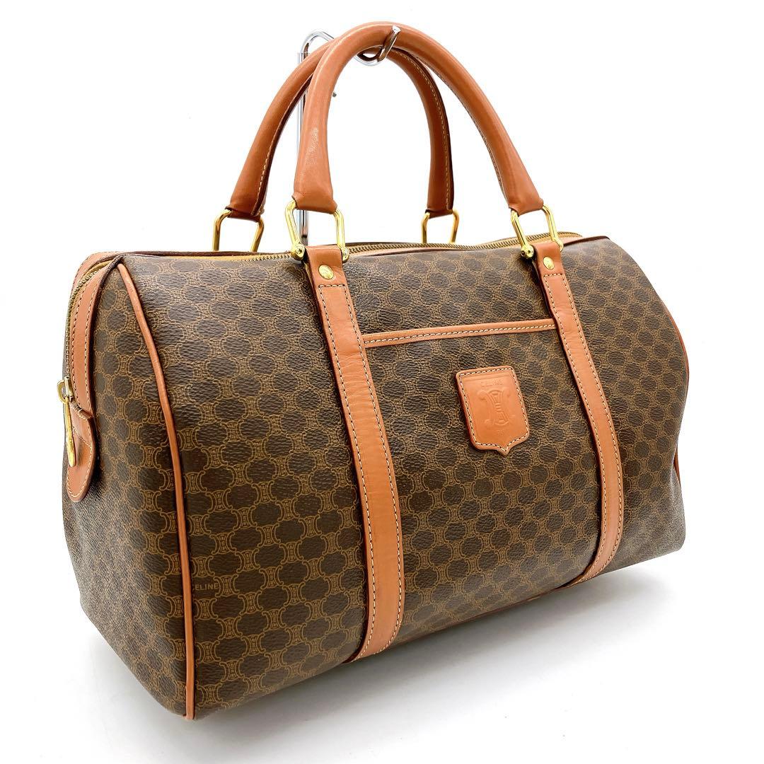 【CELINE】ミニボストンバッグ　ゴールド金具　マカダム柄　ブラウン　PVC