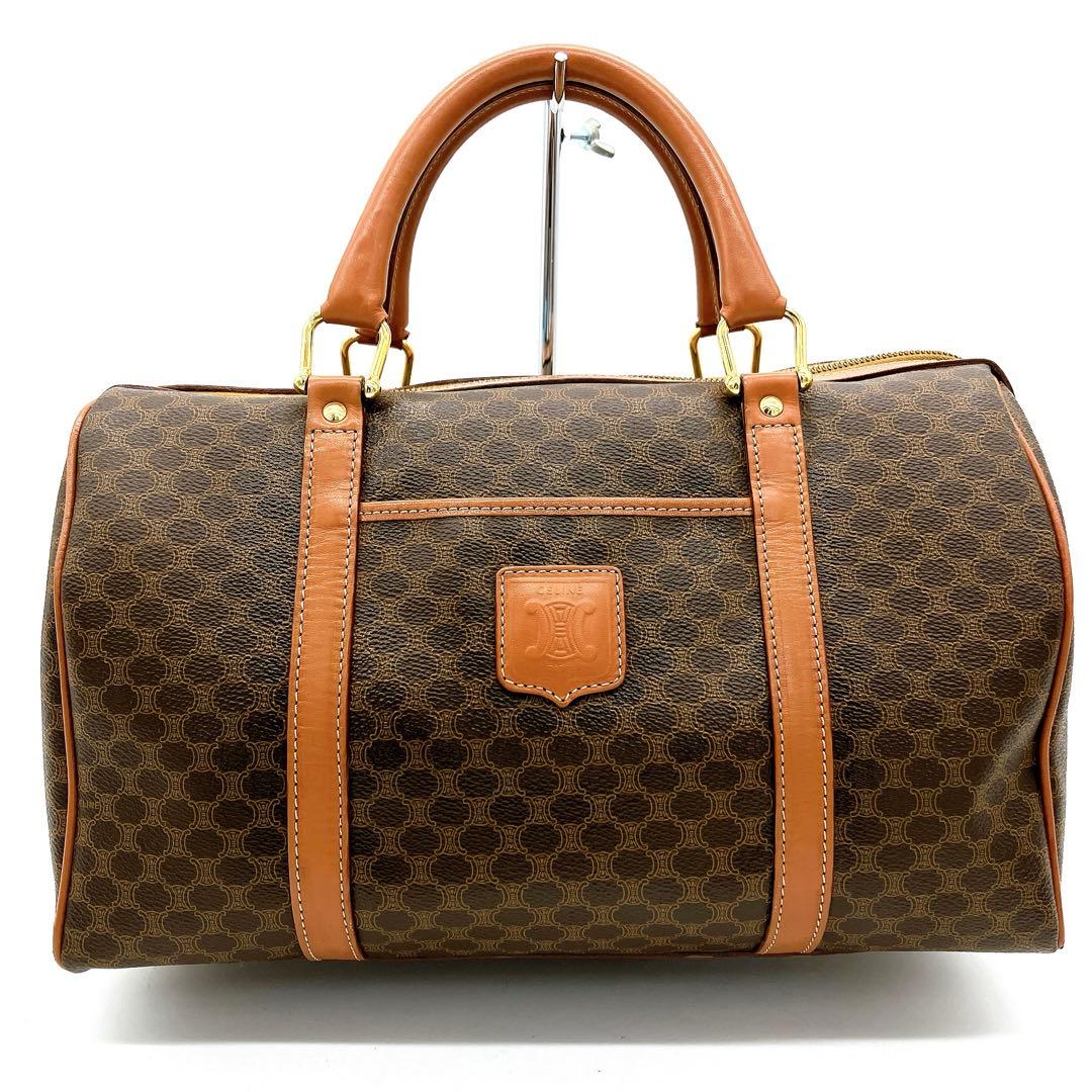 【CELINE】ミニボストンバッグ　ゴールド金具　マカダム柄　ブラウン　PVC