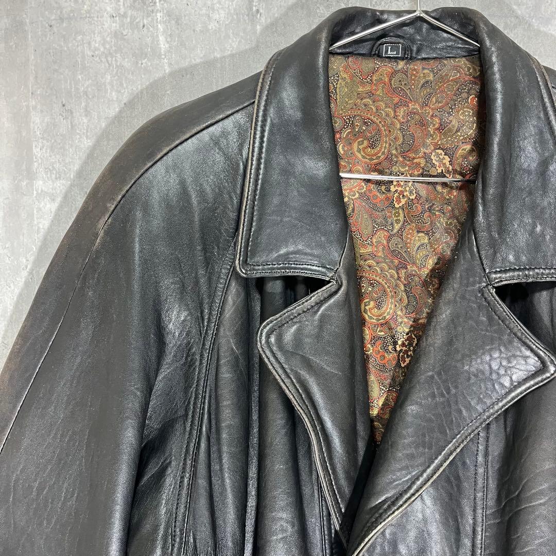 P*I様 90s 羊革 ダブル レザージャケット L 黒 ラムレザー ペイズリー