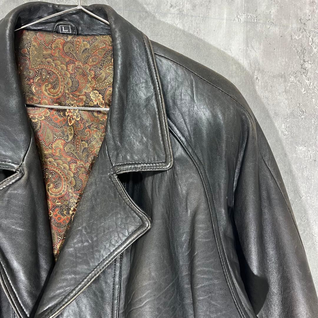 P*I様 90s 羊革 ダブル レザージャケット L 黒 ラムレザー ペイズリー