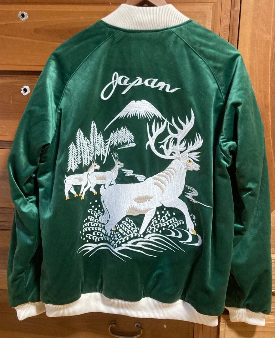 HOUSTON別珍スカジャン DEER柄 XL グリーン