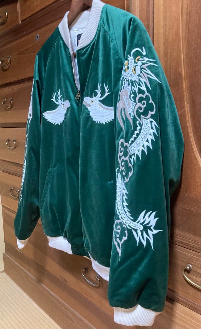 HOUSTON別珍スカジャン DEER柄 XL グリーン