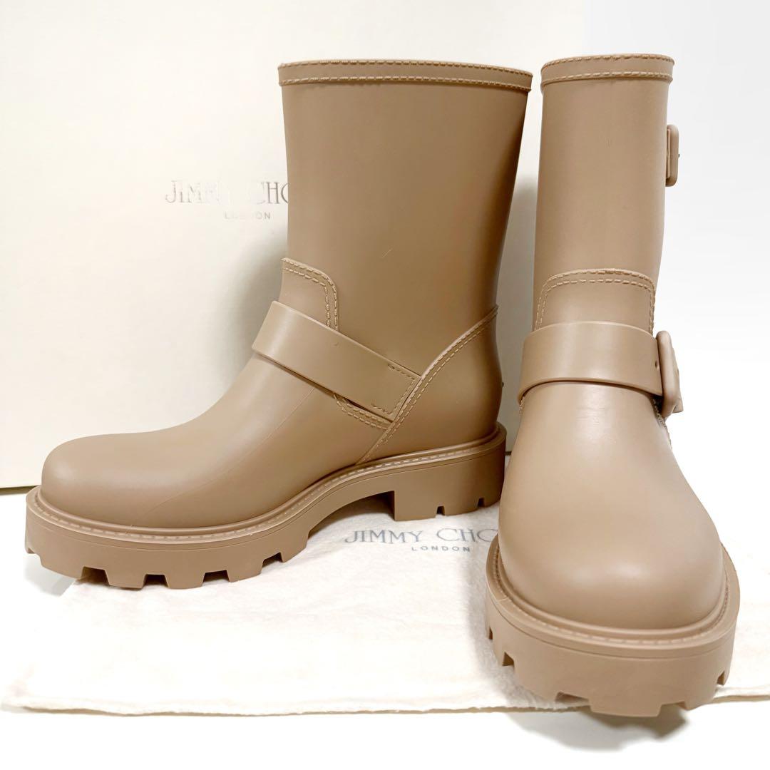 【未使用級】 ジミーチュウ レインブーツ ベルト 36 ベージュ ミドル丈