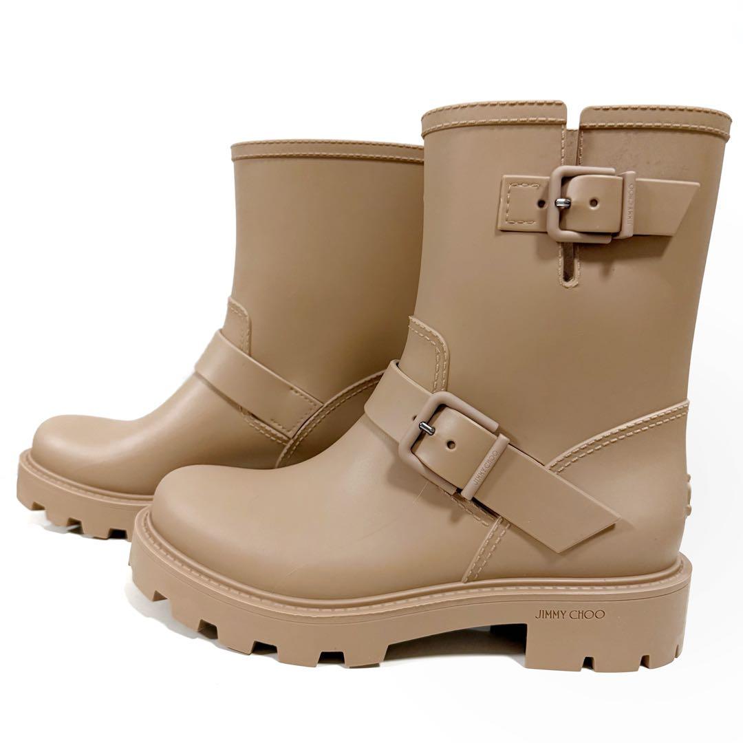 【未使用級】 ジミーチュウ レインブーツ ベルト 36 ベージュ ミドル丈
