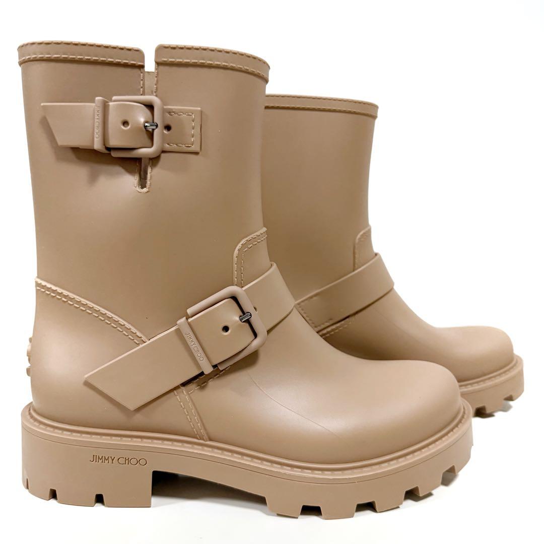 【未使用級】 ジミーチュウ レインブーツ ベルト 36 ベージュ ミドル丈