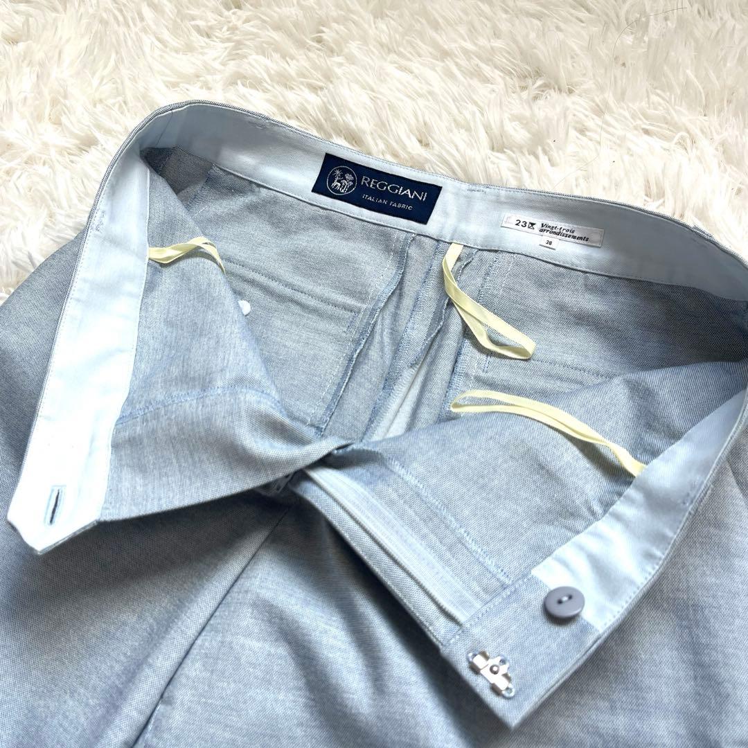 未使用品級　23区 サマースーツ　ノーカラー　水色　綿38 M パンツスーツ