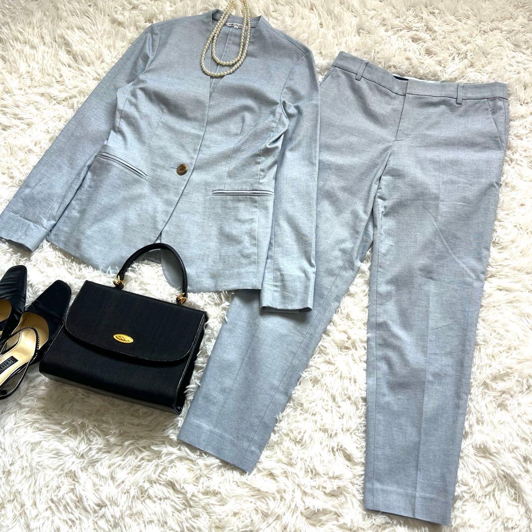 未使用品級　23区 サマースーツ　ノーカラー　水色　綿38 M パンツスーツ