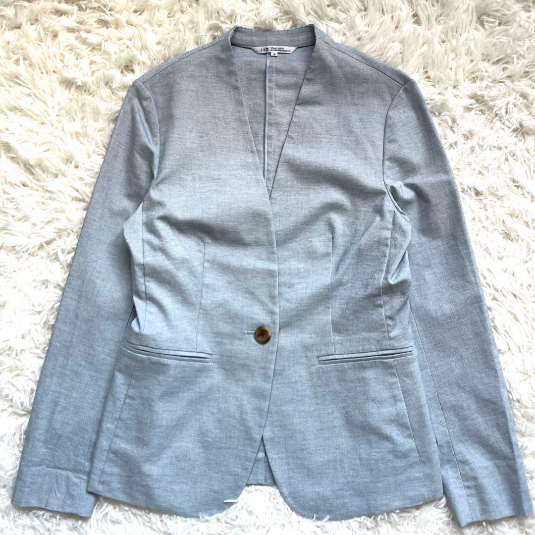 未使用品級　23区 サマースーツ　ノーカラー　水色　綿38 M パンツスーツ