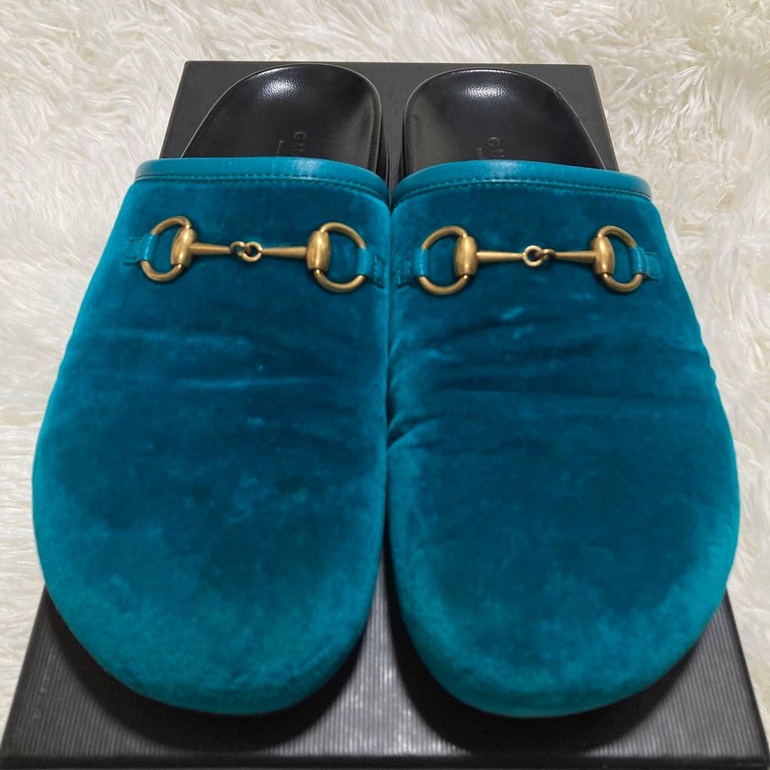 GUCCI グッチ　ホースビット　37 ベロア　サボ　サンダル　ミュール　ブルー