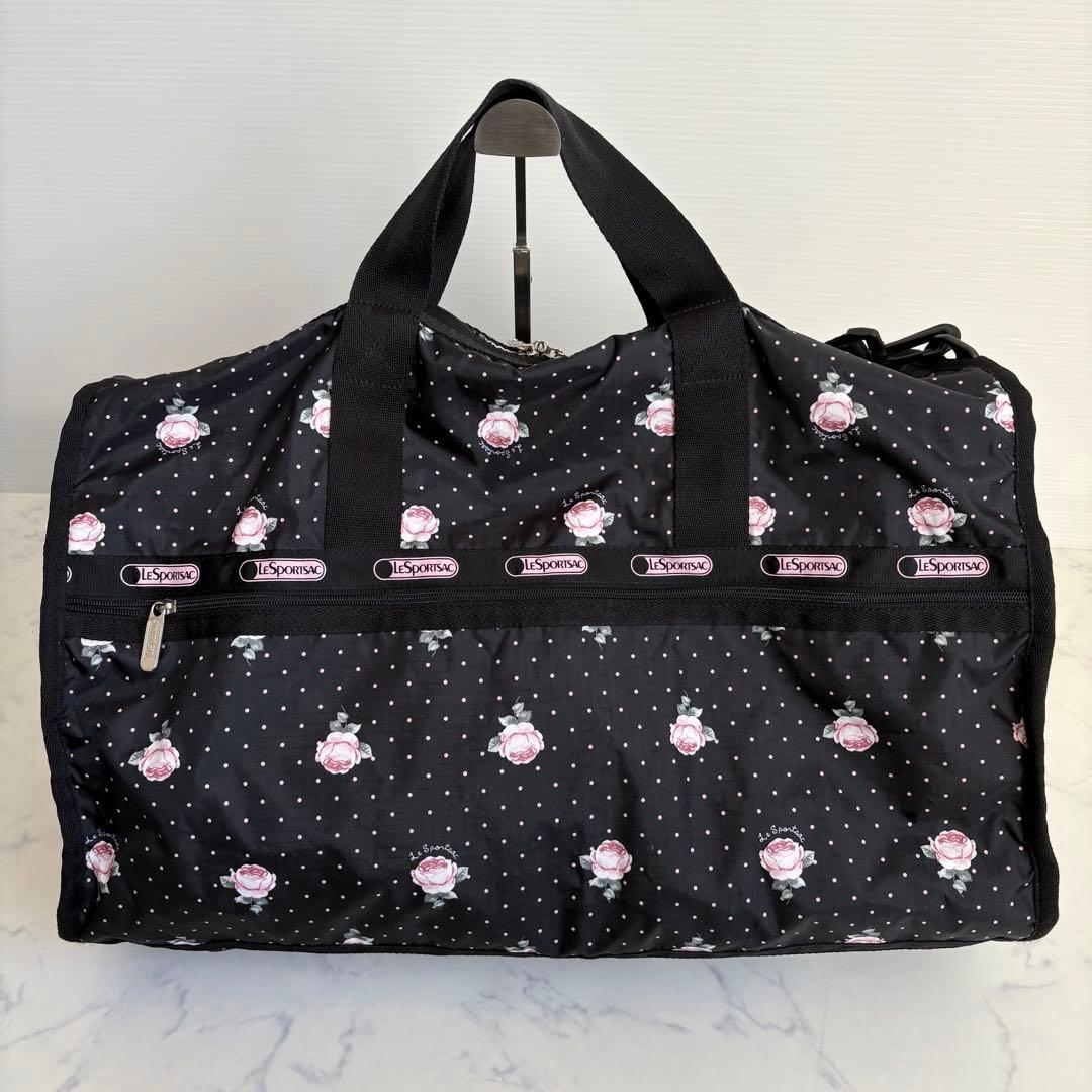 新品 レスポートサック ボストンバッグ ローズ＆ドット柄 黒 ピンク 2way