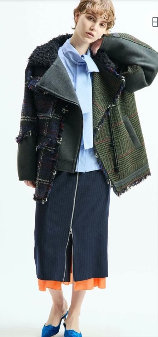 新品AULAAILA パッチワークボアチェックフリンジライダース