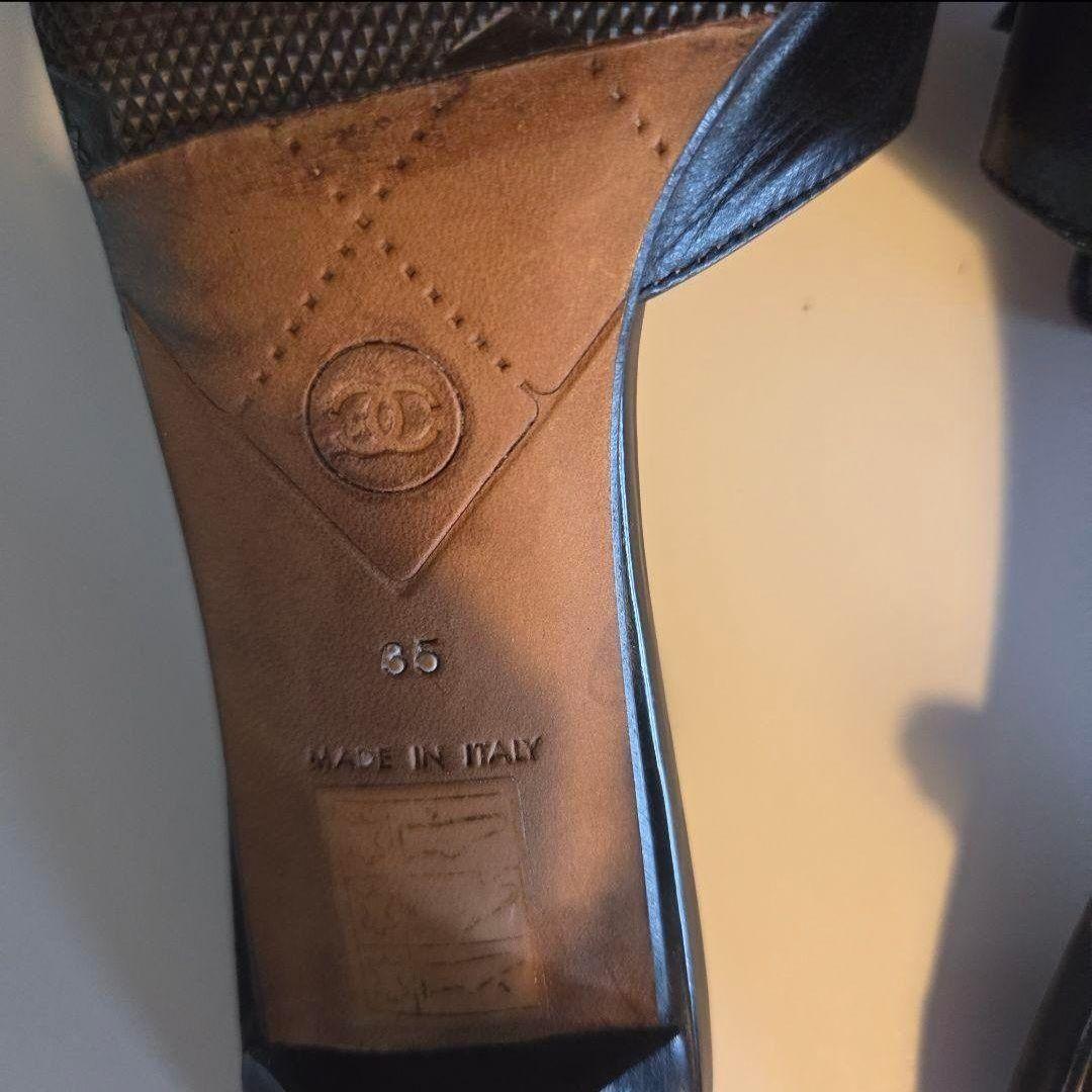 シャネル　 ブラック　レザーサンダル 中ヒール　リボン付き　22.5㎝