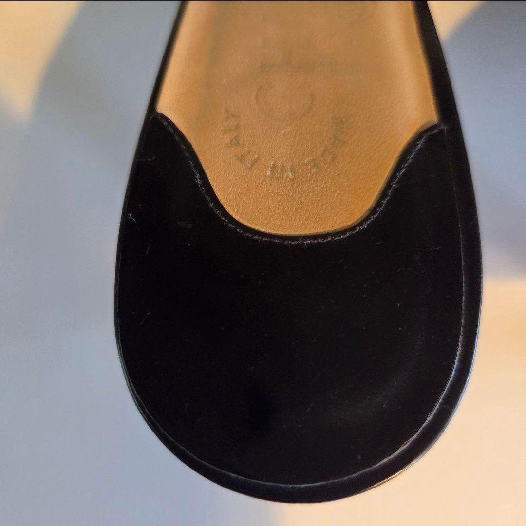 シャネル　 ブラック　レザーサンダル 中ヒール　リボン付き　22.5㎝