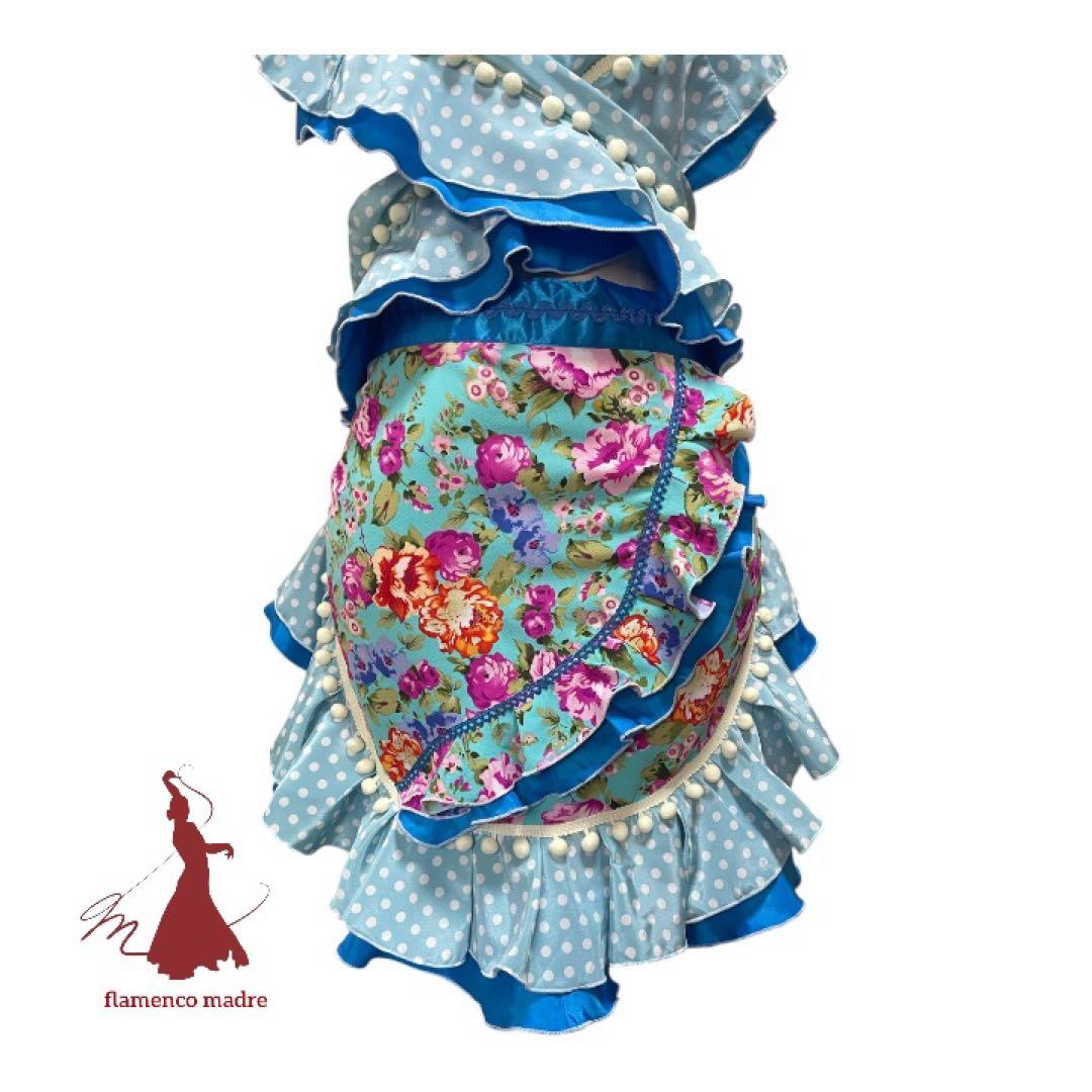 フラメンコドレス 水色 花柄 フリル　エプロン ピキージョ ターバン 3点セット