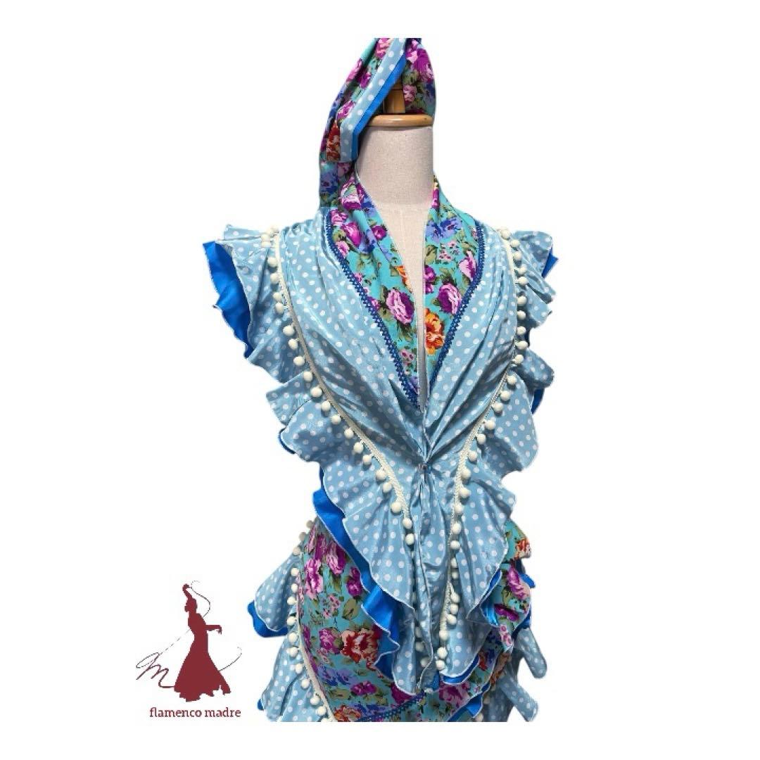フラメンコドレス 水色 花柄 フリル　エプロン ピキージョ ターバン 3点セット