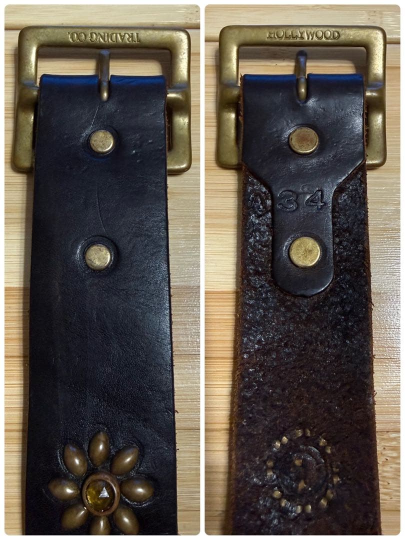 美品⭐️HTC⭐️アンバー石⭐️フラワーベルト⭐️Dブラウンレザー×ブラススタッズ⭐️34