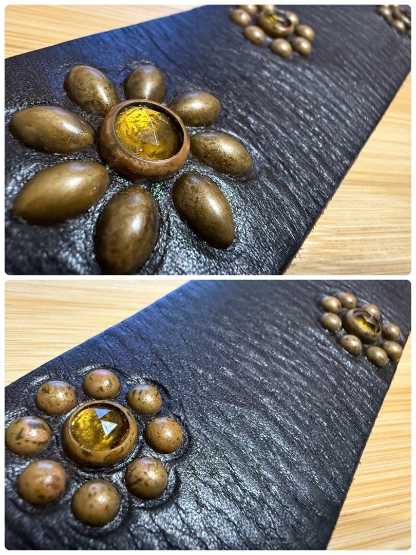 美品⭐️HTC⭐️アンバー石⭐️フラワーベルト⭐️Dブラウンレザー×ブラススタッズ⭐️34