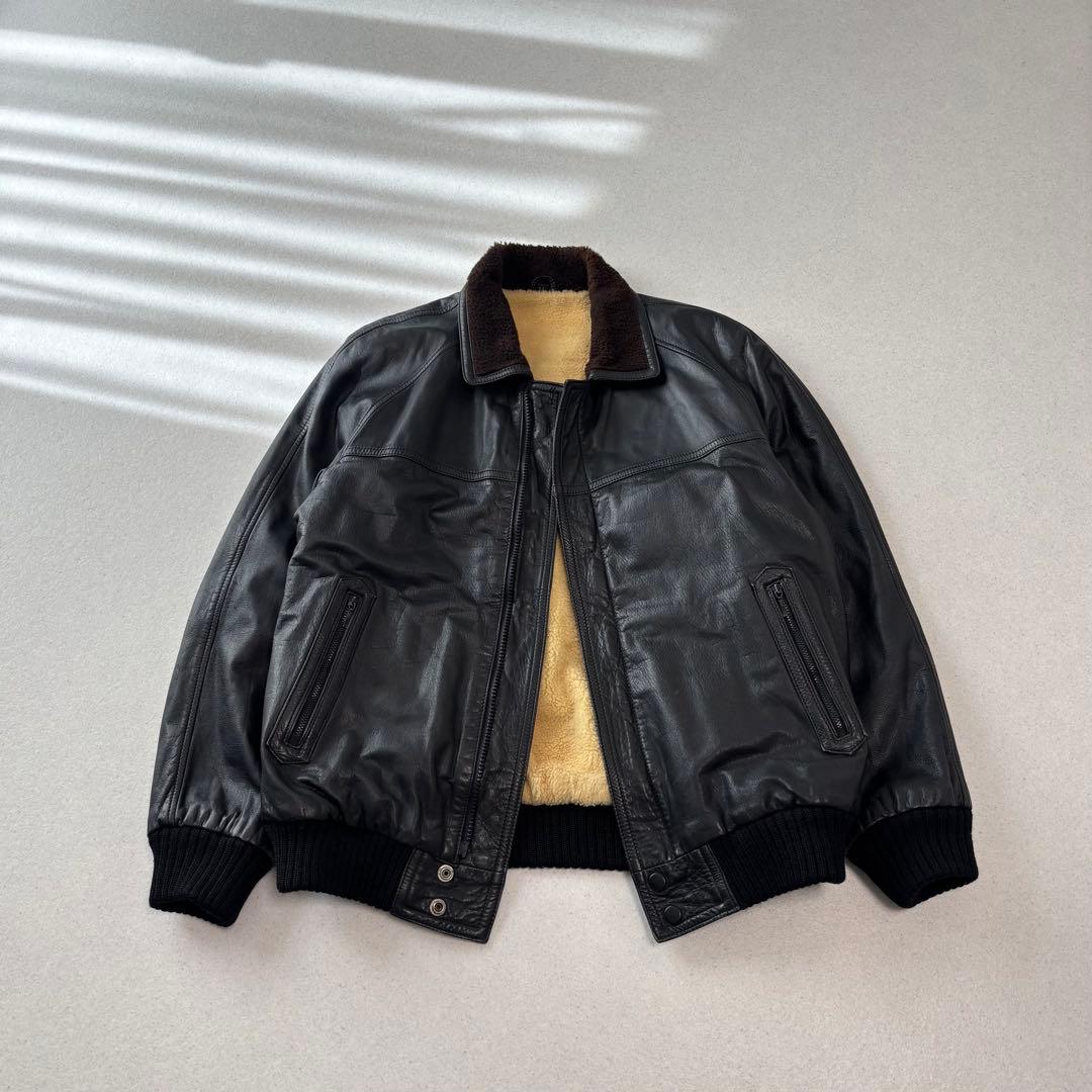 old vintage leather jacket black XL本革 ボア