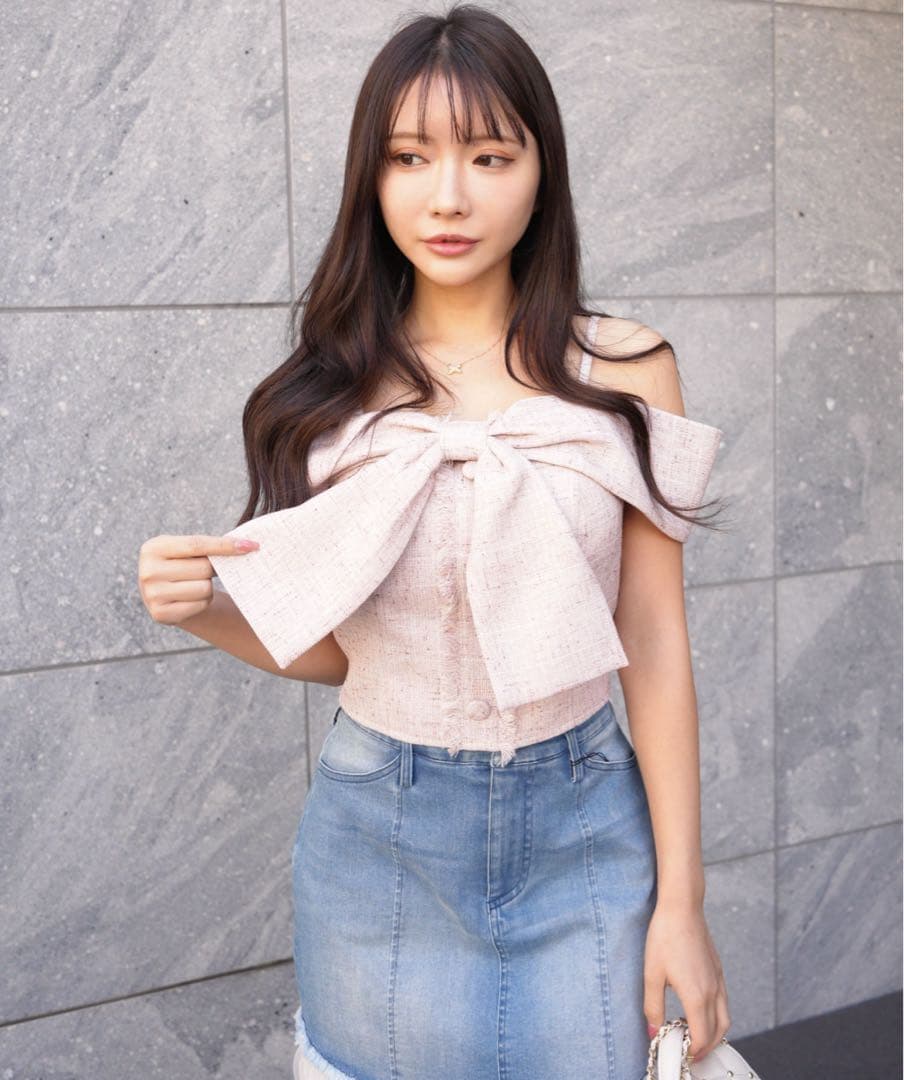 lipservice ツイード リボン オフショル トップス ピンク