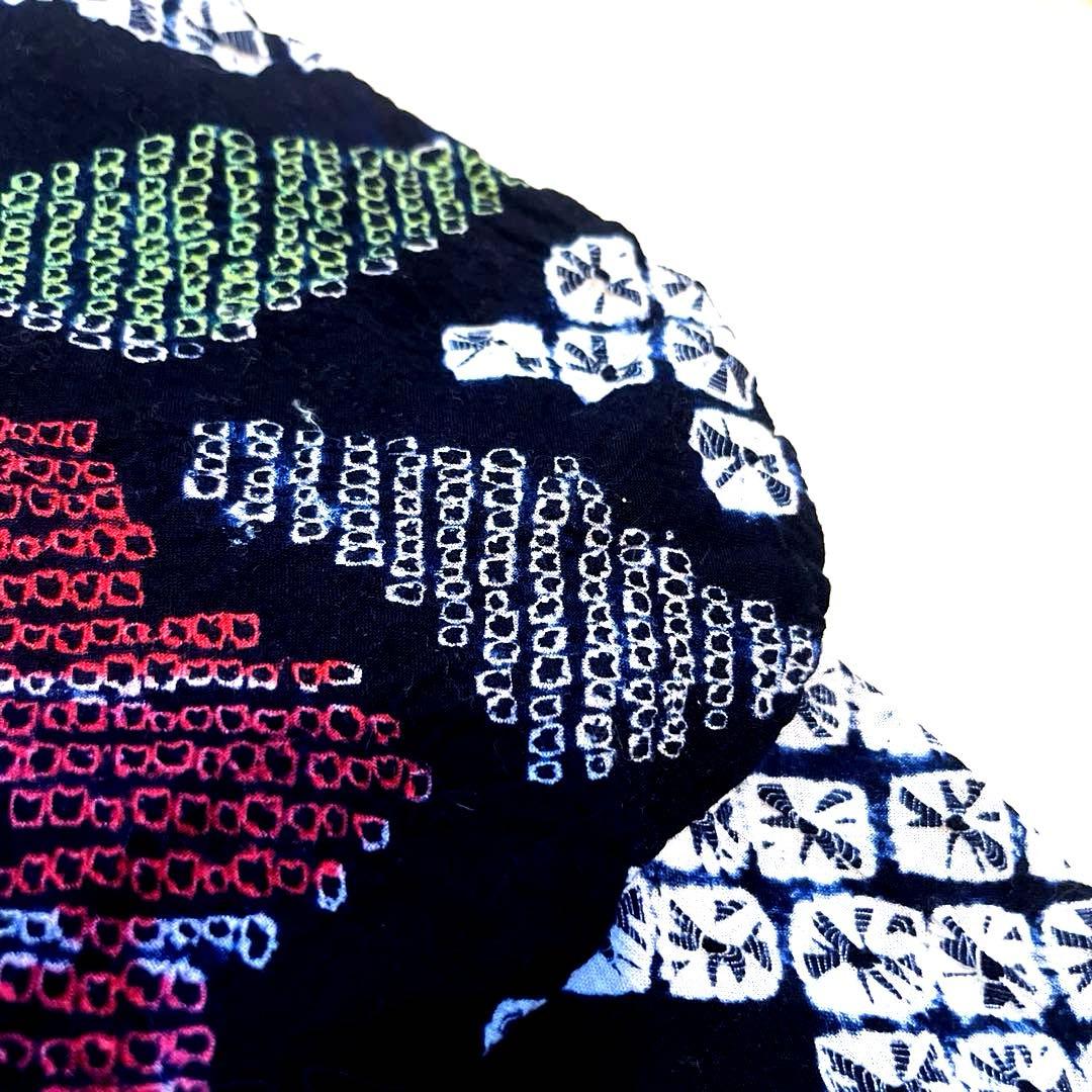 有松鳴海絞り 手蜘蛛 黒色寄りの濃紺 緑色 手縫い仕立て