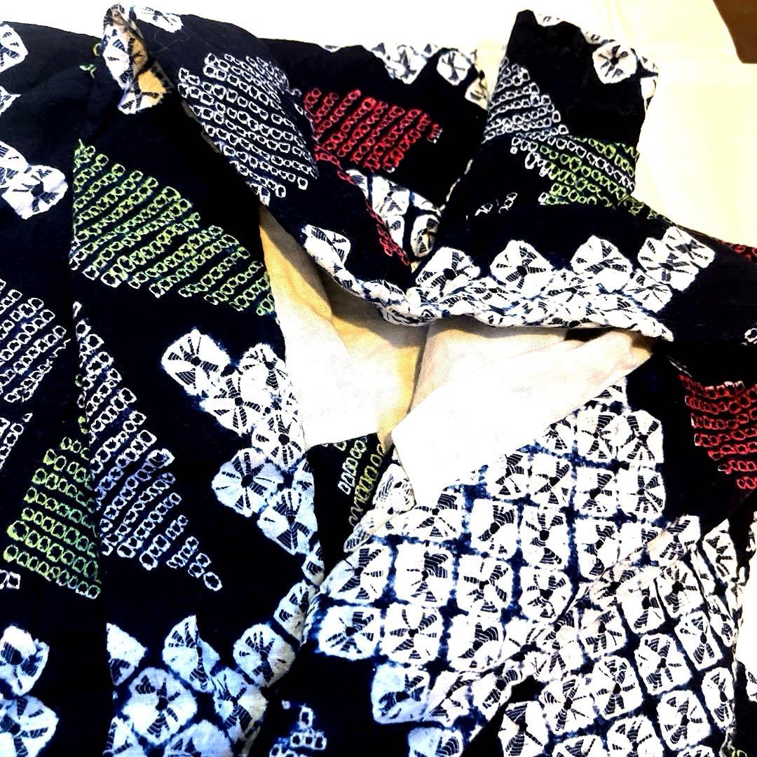 有松鳴海絞り 手蜘蛛 黒色寄りの濃紺 緑色 手縫い仕立て