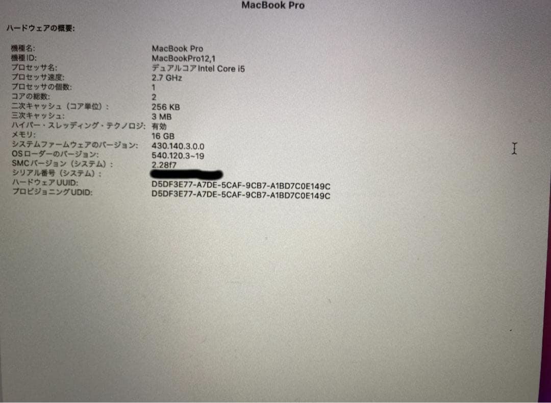 MacBookPRO 2015 13インチ メモリ16GB ストレージ128GB