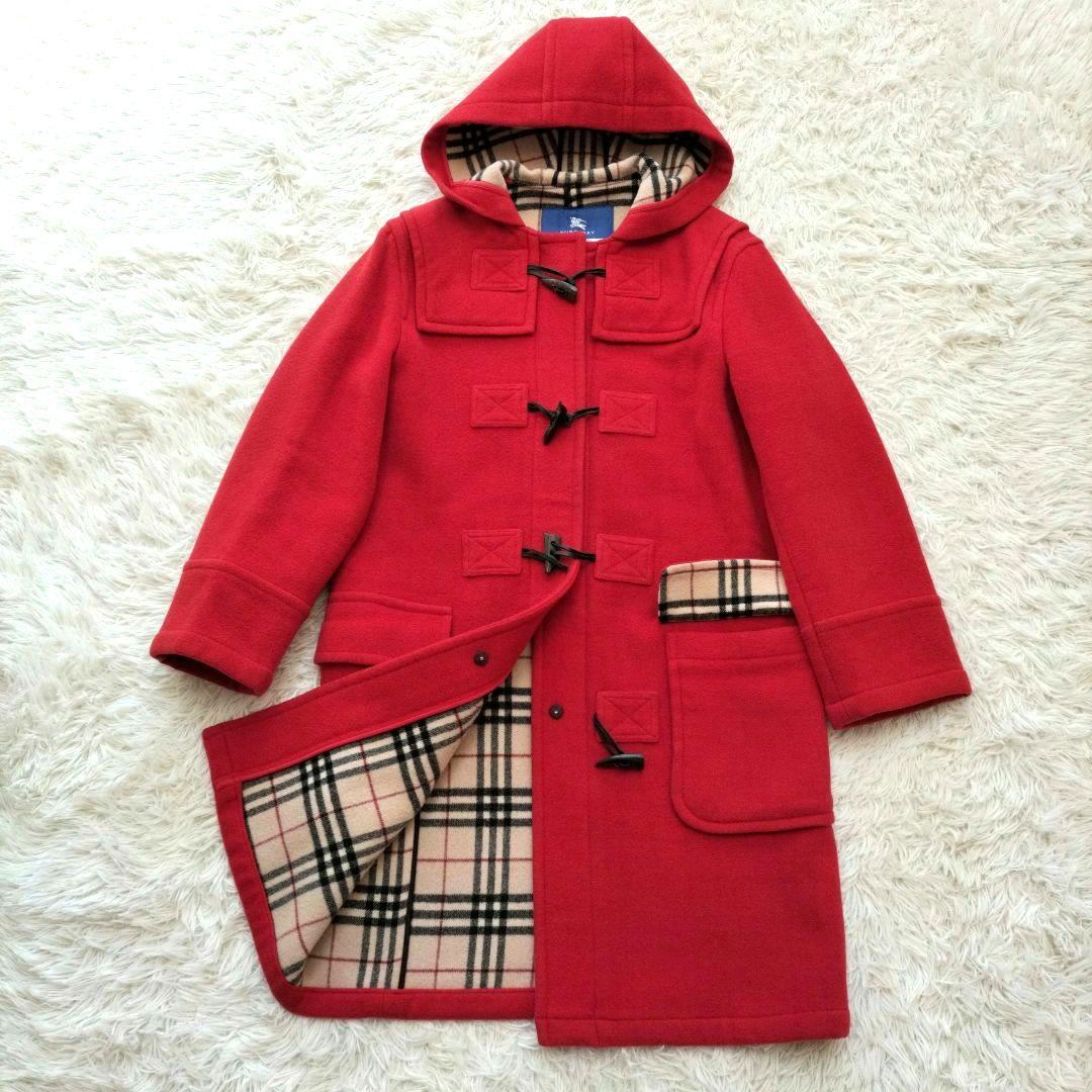バーバリーブルーレーベル ダッフルコート 赤 ノバチェック ロング ウール 38