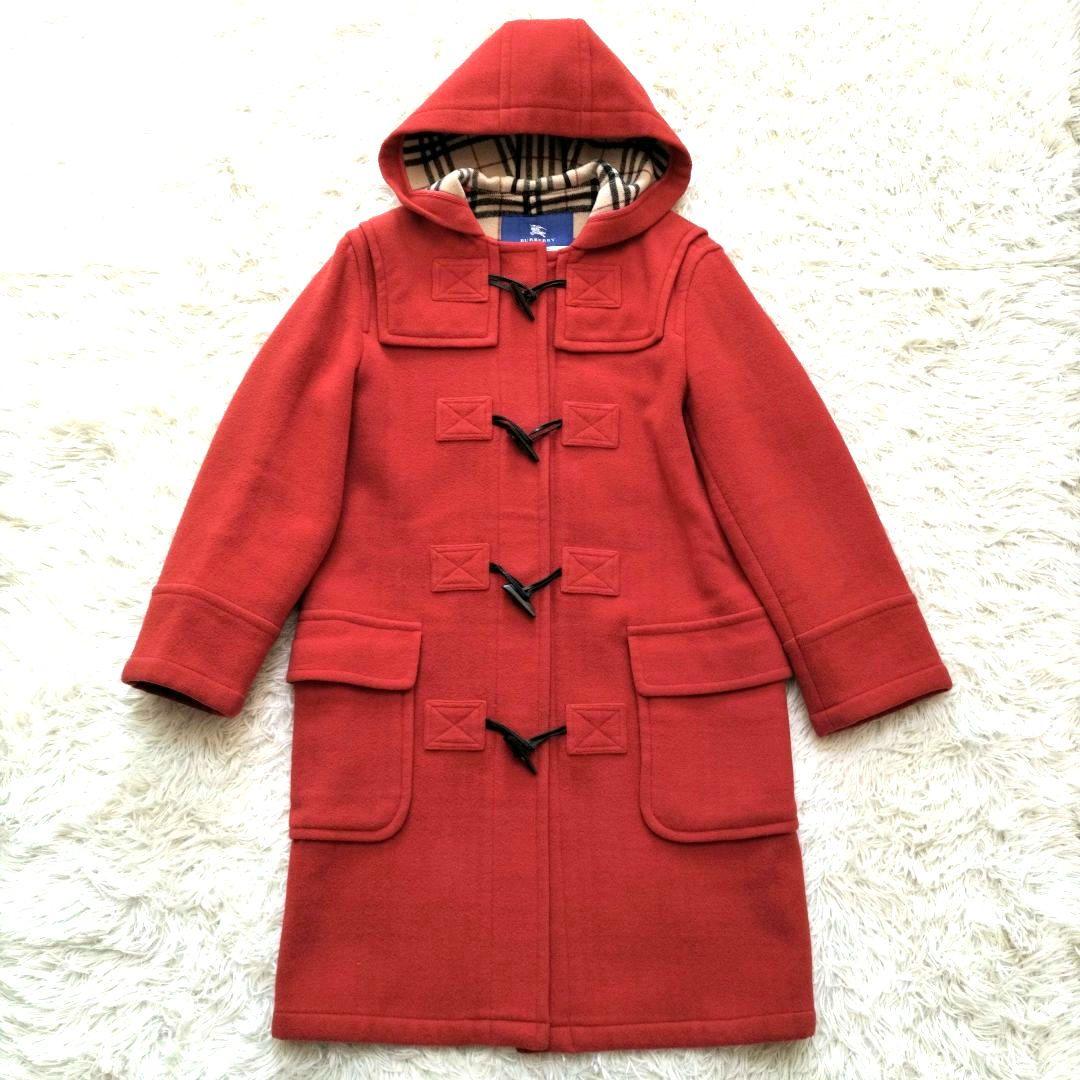 バーバリーブルーレーベル ダッフルコート 赤 ノバチェック ロング ウール 38