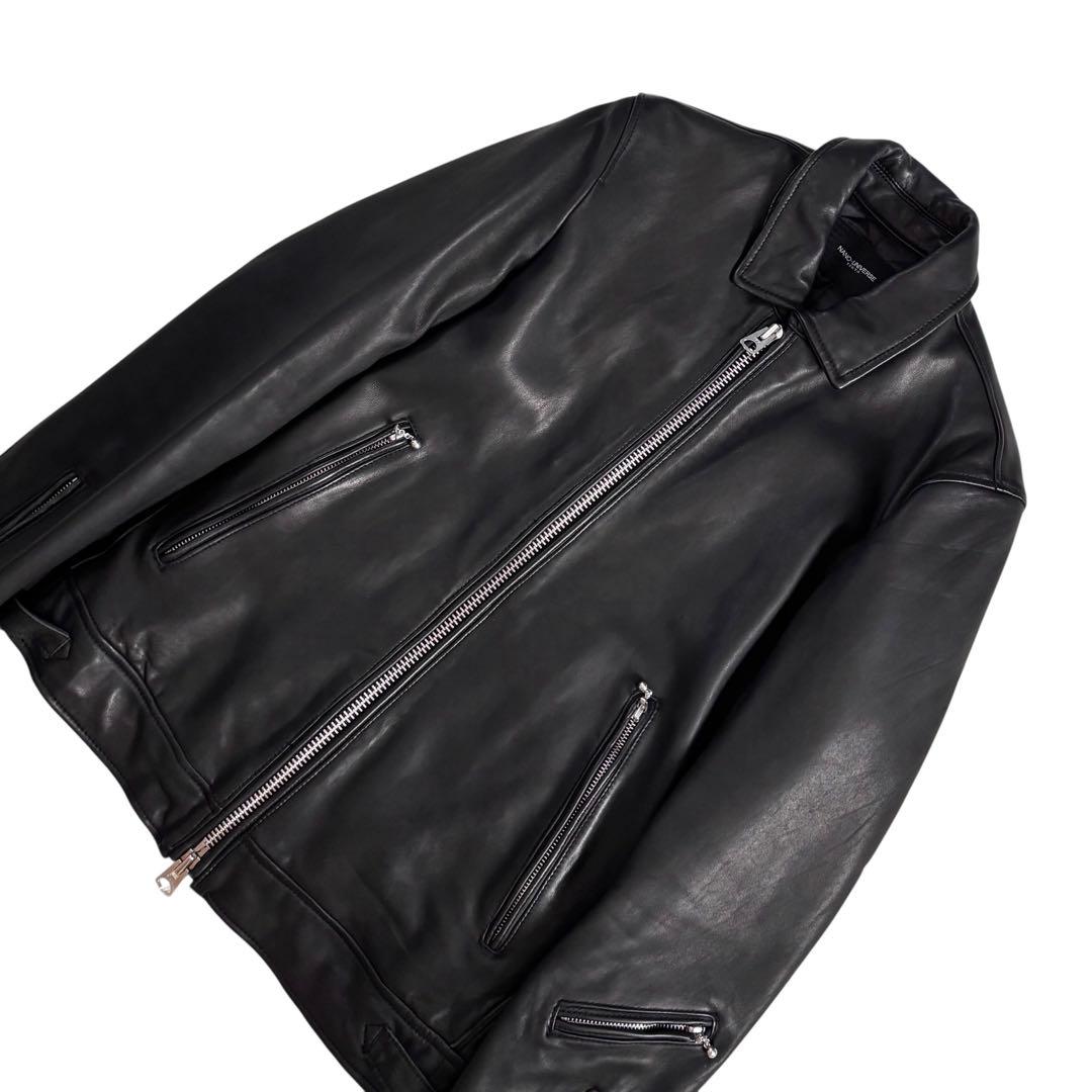 美品 ナノユニバース 羊革ライダースジャケット シングル L キルティング 中綿