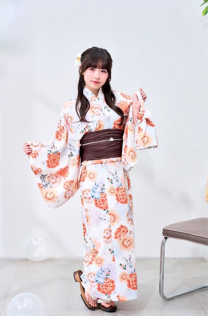 オレンジ花柄 浴衣 マリームーン Malymoon きゅるりんってしてみて