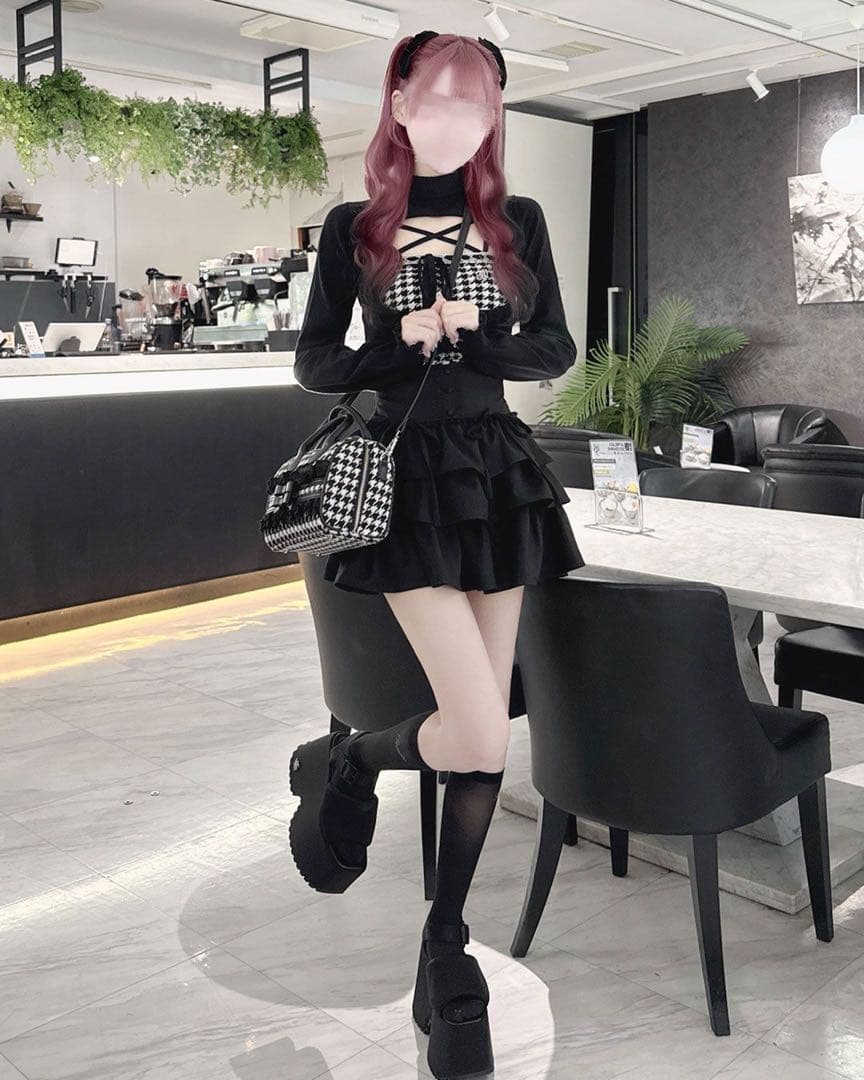 ハニーミュウ 千鳥柄ハイネックアンサンブルトップス XS