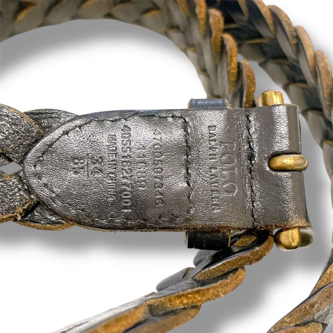 ポロラルフローレン 編み込みレザーベルト サイズ34 ブラウン×オリーブ系