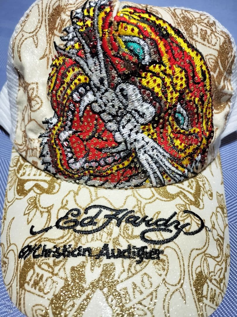 未使用に近い Ed Hardy エドハーディー タイガー刺繍キャップ