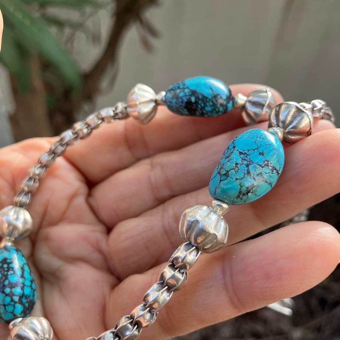 ケラ様御専用　天然ターコイズとカレンシルバーネックレス，ブレスレット2点