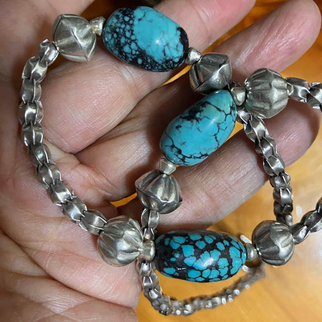 ケラ様御専用　天然ターコイズとカレンシルバーネックレス，ブレスレット2点
