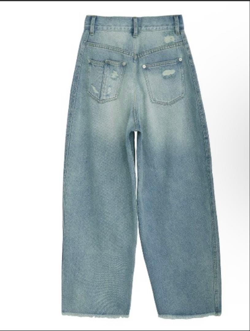 AMERI HEM FRINGE EGG DENIM PANTS ブルー26