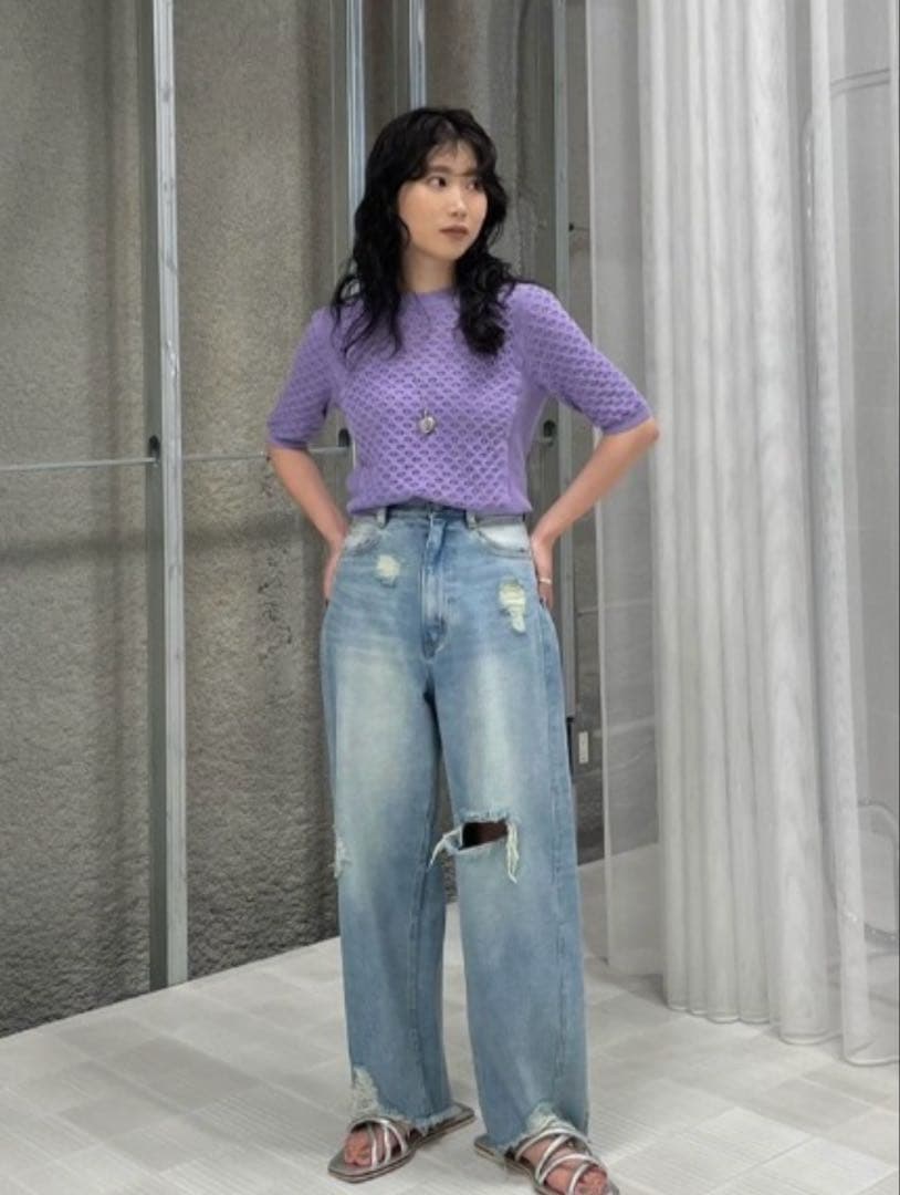 AMERI HEM FRINGE EGG DENIM PANTS ブルー26