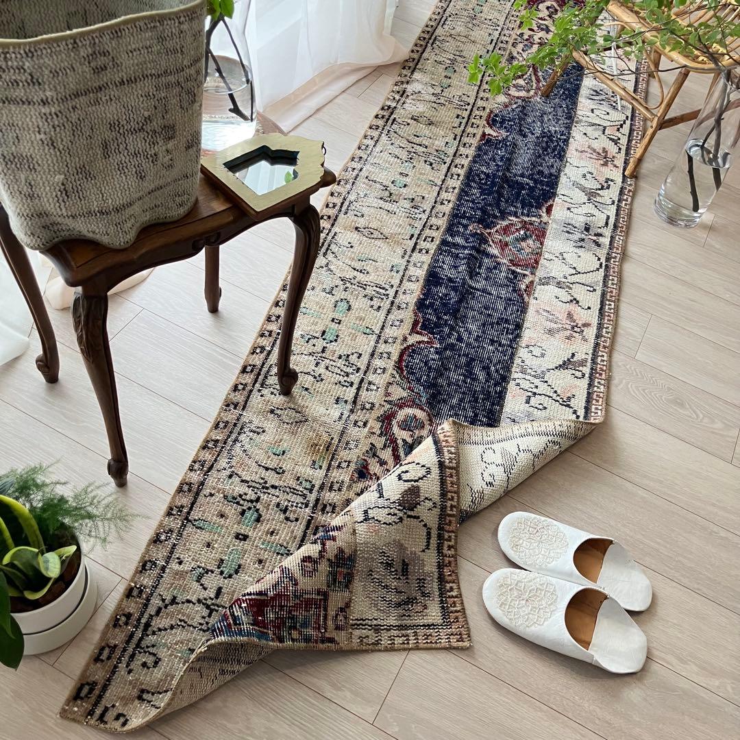 超ロングネイビー65×249レッド　パッチワークランナー　トルコヴィンテージラグ