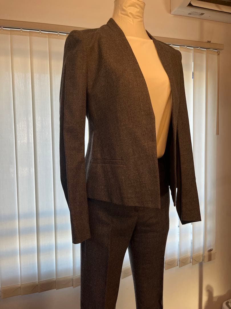 【美品】秋冬Theory セオリー ウール ノーカラーパンツスーツセット　グレー