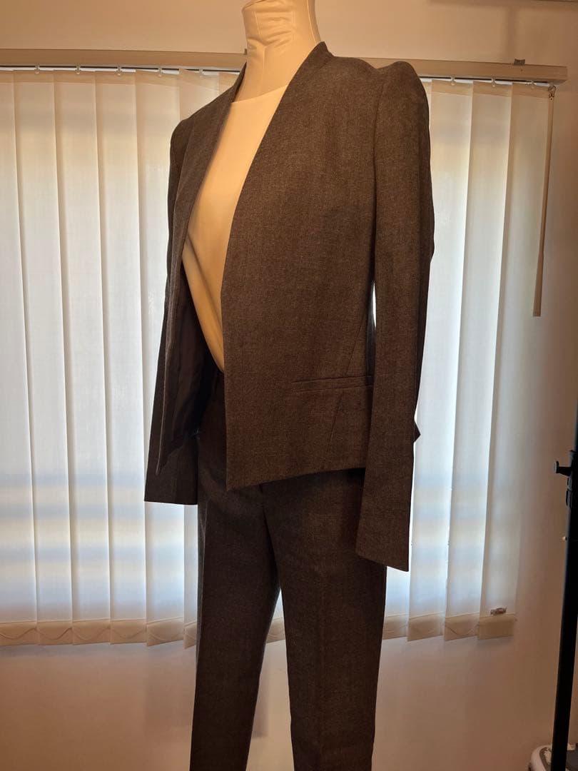 【美品】秋冬Theory セオリー ウール ノーカラーパンツスーツセット　グレー