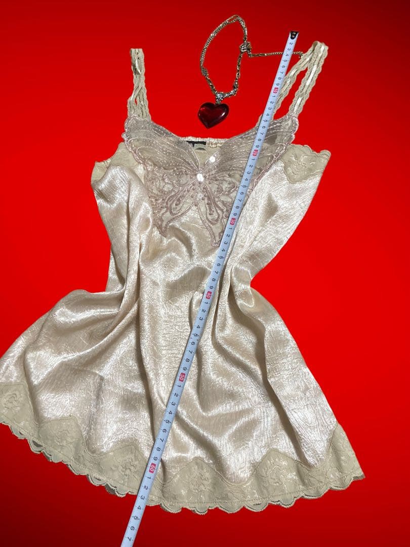 y2kビーズ刺繍キラキラ蝶々レースキャミ平成ギャル姫サテンフェアリーグランジ古着