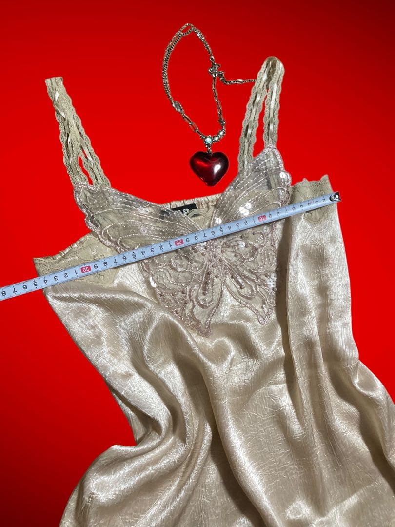 y2kビーズ刺繍キラキラ蝶々レースキャミ平成ギャル姫サテンフェアリーグランジ古着