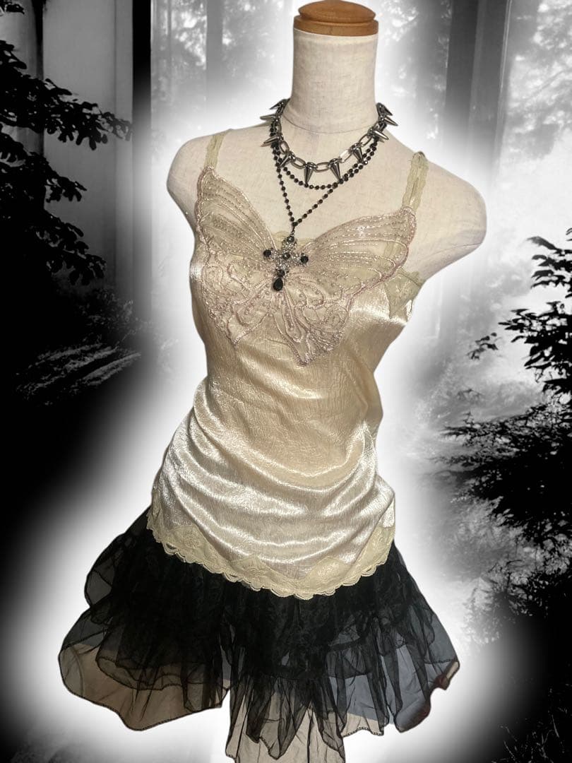 y2kビーズ刺繍キラキラ蝶々レースキャミ平成ギャル姫サテンフェアリーグランジ古着