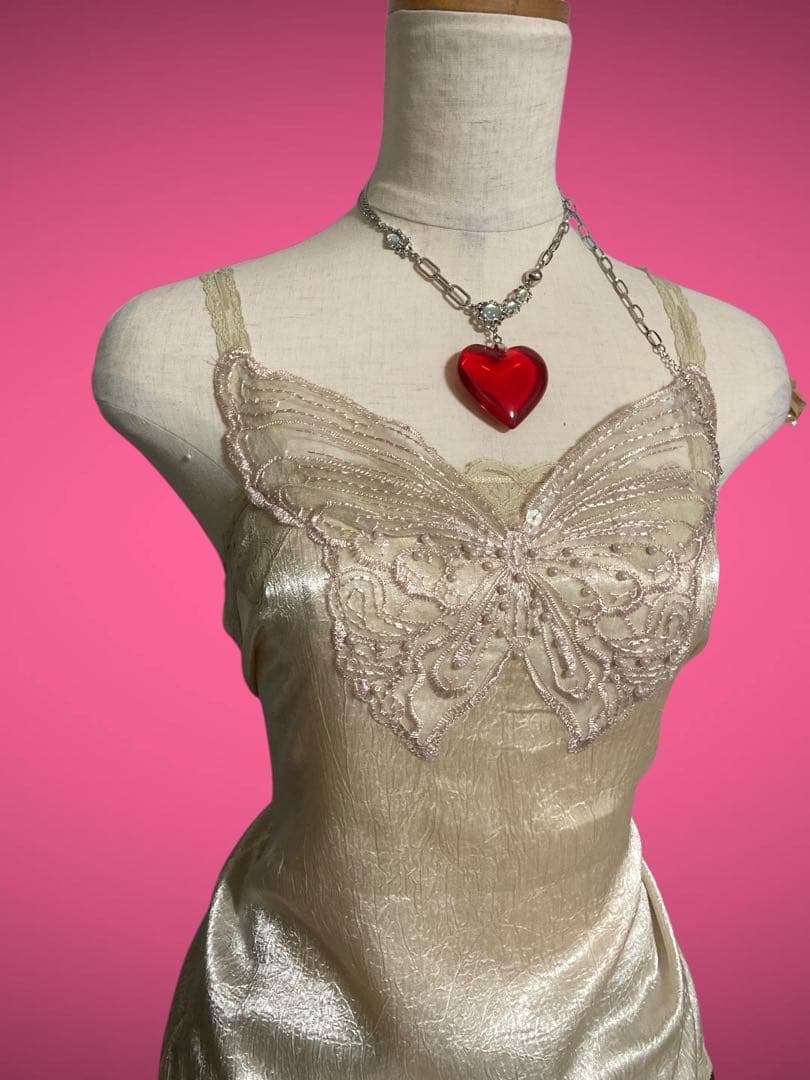 y2kビーズ刺繍キラキラ蝶々レースキャミ平成ギャル姫サテンフェアリーグランジ古着