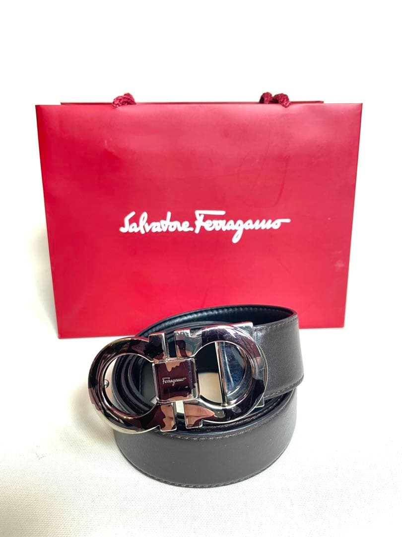 フェラガモ　ベルト　ダブルガンチーニ　パープルカモ　金具　リバーシブルベルト