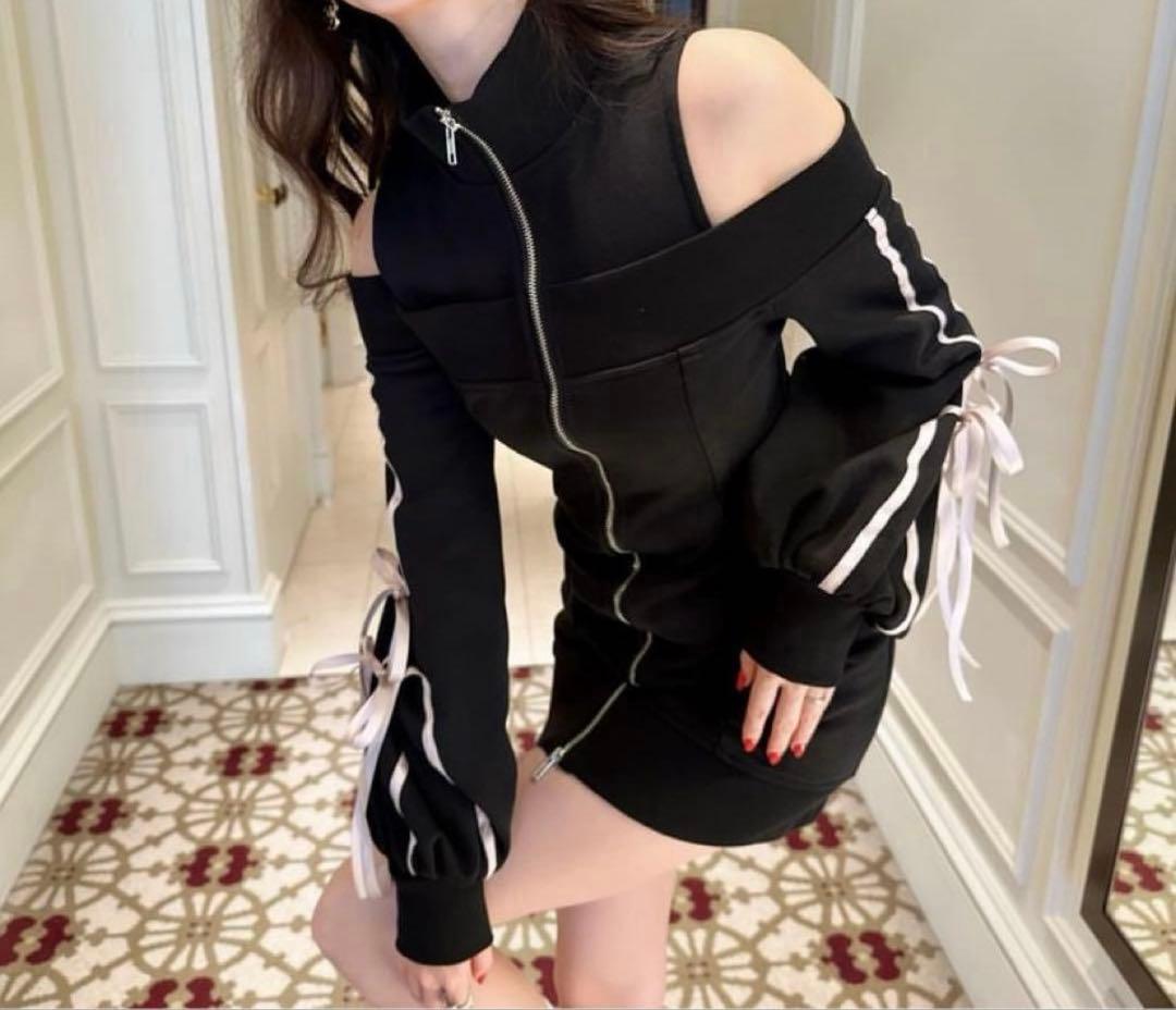 amerge リボン オフショル スウェット ワンピース M ブラック