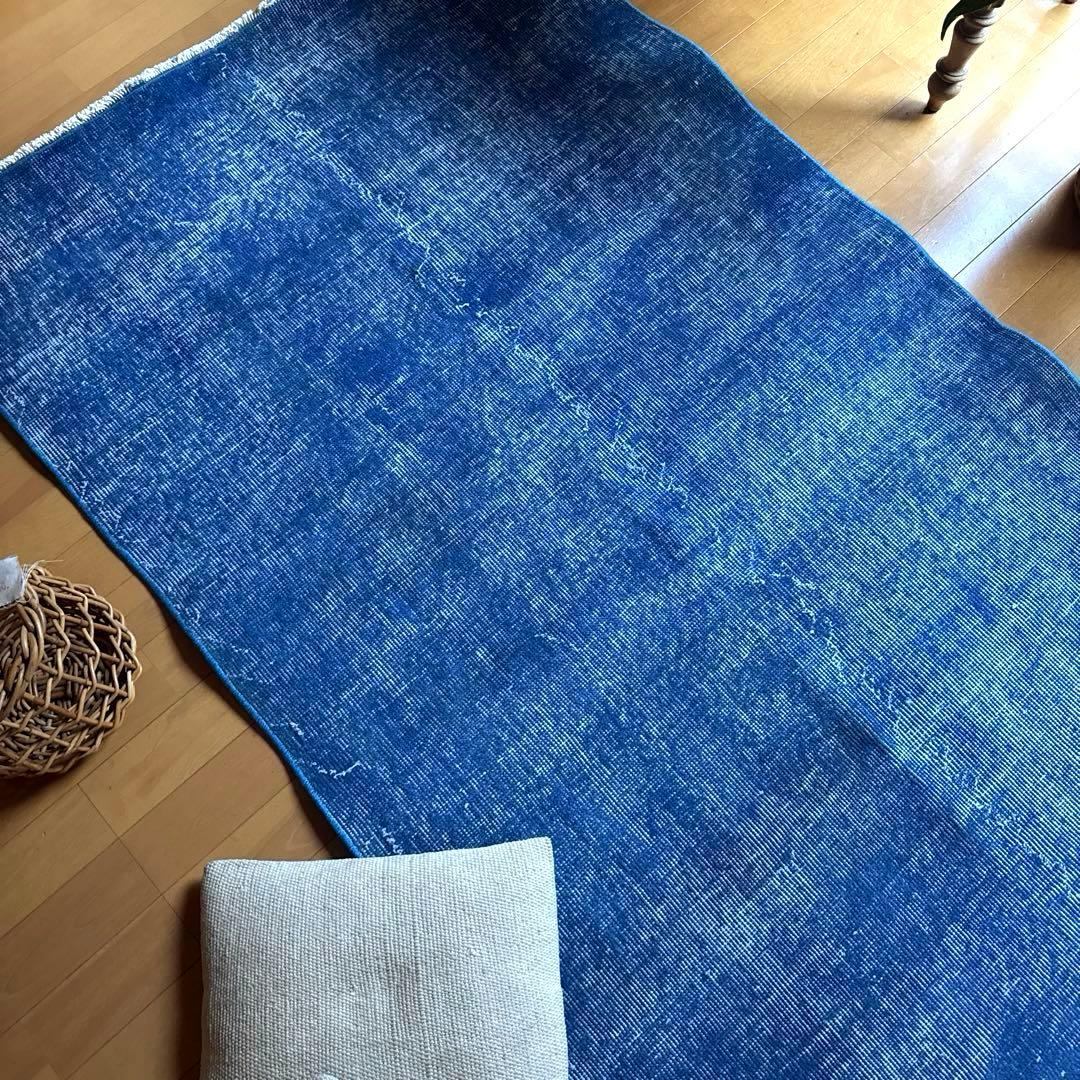 99×212青空色オーバーダイ　ワンカラー　ブルートルコヴィンテージラグ