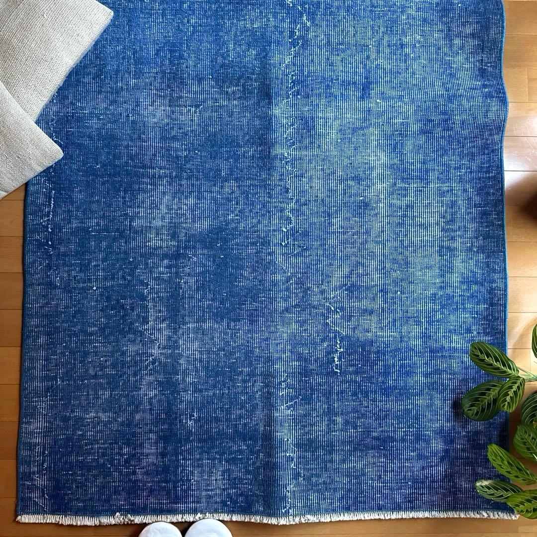 99×212青空色オーバーダイ　ワンカラー　ブルートルコヴィンテージラグ