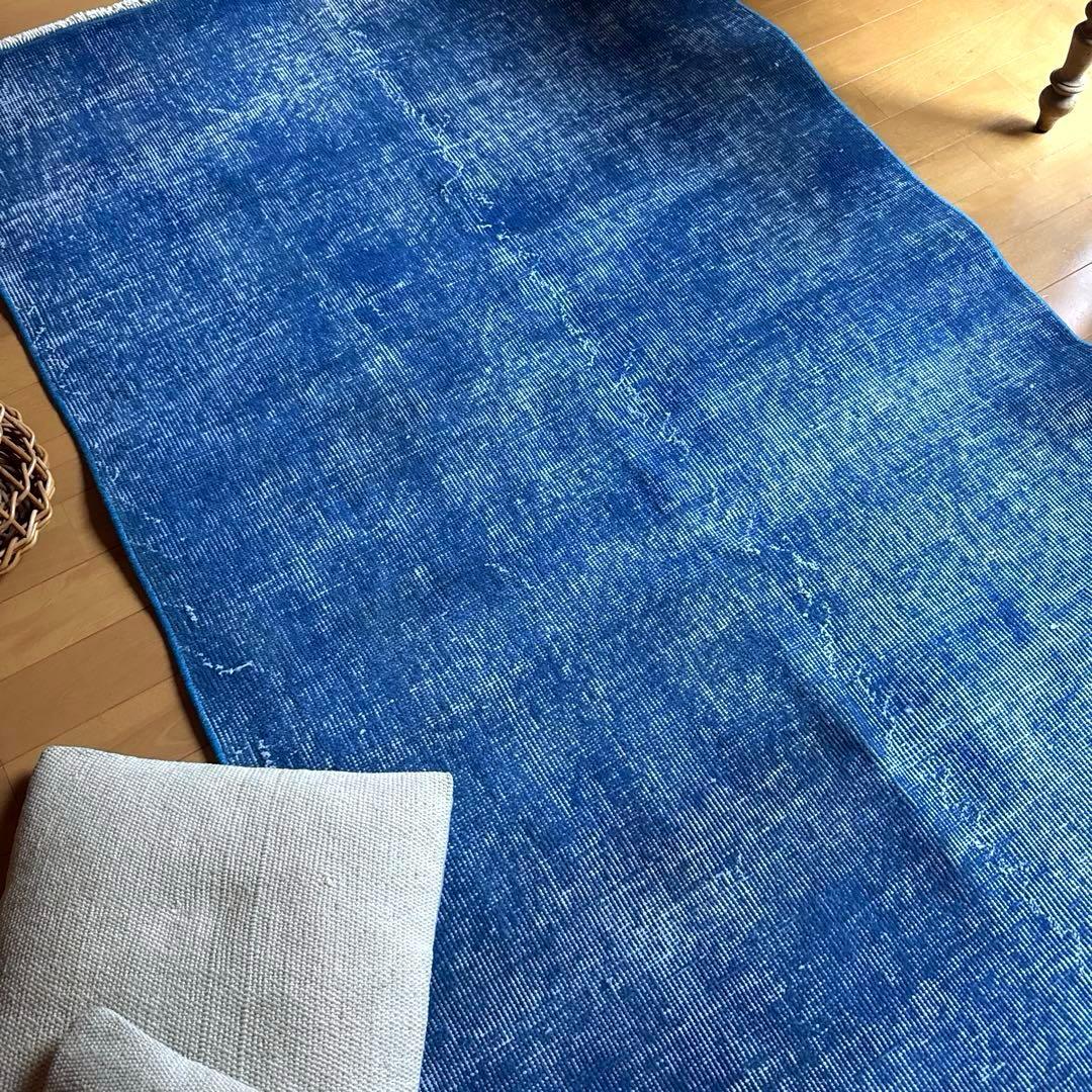 99×212青空色オーバーダイ　ワンカラー　ブルートルコヴィンテージラグ