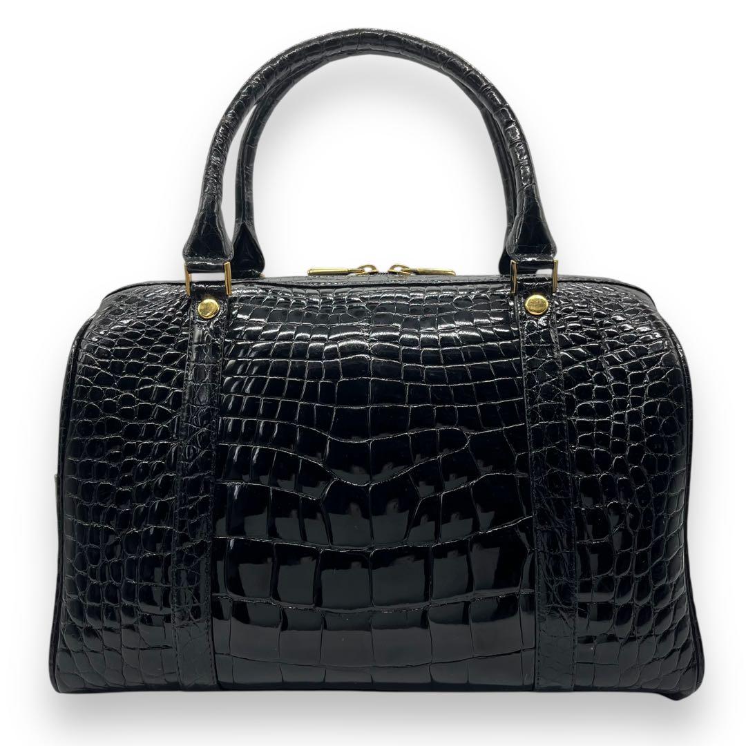 シャイニングクロコ 鰐革 センター取り ボストンバッグ ブラック 光沢加工